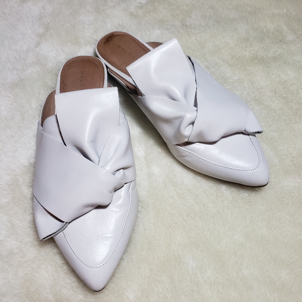 Halogen white leather bow tie knot, mule slides flats  *size 5